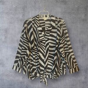Michael Kors Brown Zebra Print Blouse Womens Plus Size 3X Front Tie Long Sleeve